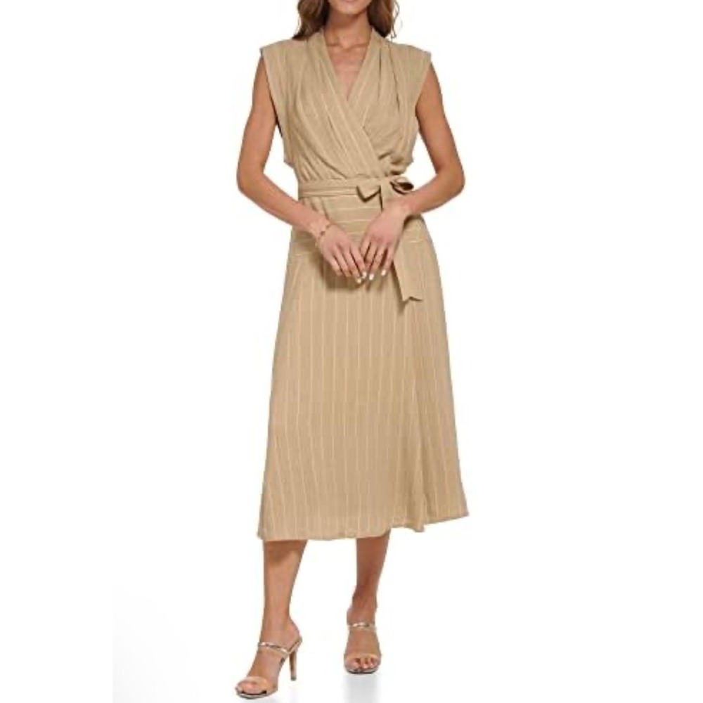 NEW DKNY Women's Linen Blend Maxi Dress Size 12‎ Surplice Khaki Beige Tie Waist